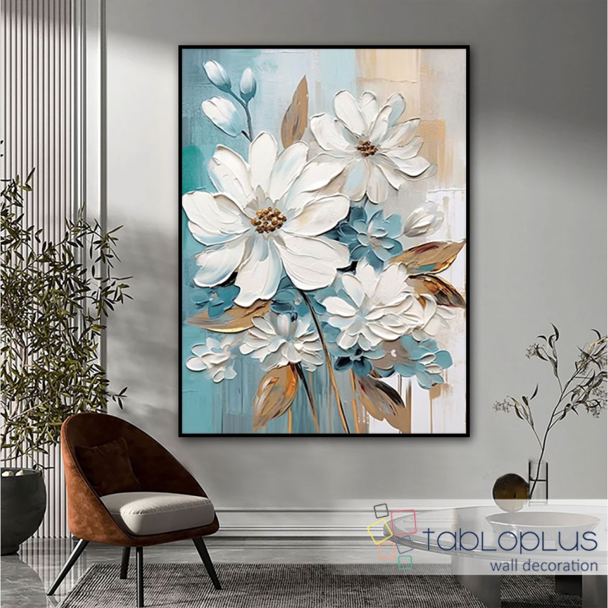 White Blue Flowers 3D Heavy Textured Partial Oil Painting